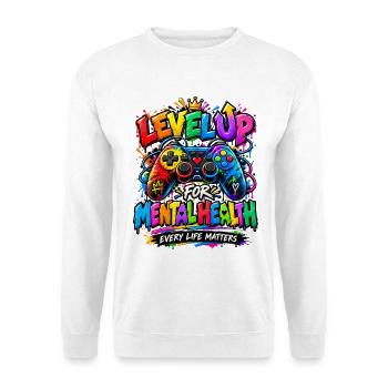 Level Up für psychische Gesundheit - Unisex Pullover - Weiß - Vorne - Alina (178cm) & Michal (187cm)