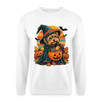 Halloween-Yorkie als frecher Snack-Dieb Hexenhund - Unisex Pullover - Weiß - Vorne - Alina (178cm) & Michal (187cm)