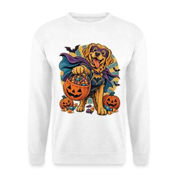 Halloween-Hund mit Süßigkeiten-Eimer - Unisex Pullover - Weiß - Vorne - Alina (178cm) & Michal (187cm)