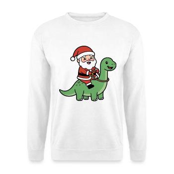 Niedlicher Kawaii-Weihnachtsmann reitet Brachiosaurus Dino - Unisex Pullover - Weiß - Vorne - Alina (178cm) & Michal (187cm)