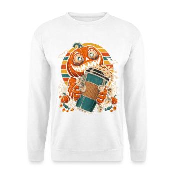 Halloween-Kürbis Kaffeejunkie im Retro-Stil - Unisex Pullover - Weiß - Vorne - Alina (178cm) & Michal (187cm)