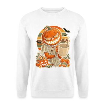 Halloween-Kürbis Coffee-Lover Retro 70er-Jahre - Unisex Pullover - Weiß - Vorne - Alina (178cm) & Michal (187cm)