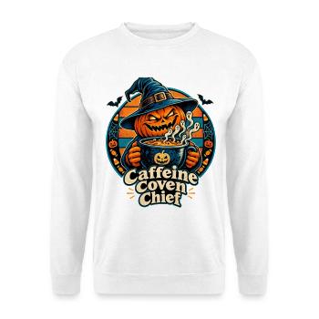 Halloween-Kürbis Caffeine Coven Chief - Unisex Pullover - Weiß - Vorne - Alina (178cm) & Michal (187cm)
