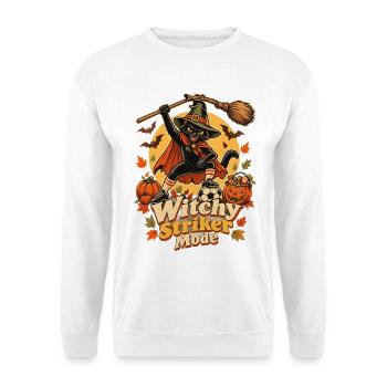 Hexen-Fußballkatze als frecher Halloween-Stürmer - Unisex Pullover - Weiß - Vorne - Alina (178cm) & Michal (187cm)
