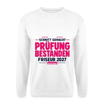Schnitt gemacht – Friseur Prüfung bestanden 2027 - Unisex Pullover - Weiß - Vorne - Alina (178cm) & Michal (187cm)