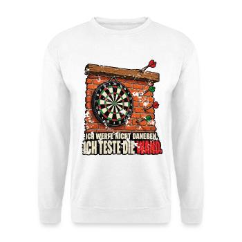 Ich teste die Wand - Darts Spruch Vintage - Unisex Pullover - Weiß - Vorne - Alina (178cm) & Michal (187cm)