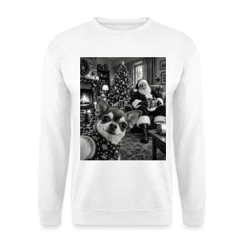 Chihuahua Selfie Weihnachtsmann Weihnachtsoutfit - Unisex Pullover - Weiß - Vorne - Alina (178cm) & Michal (187cm)