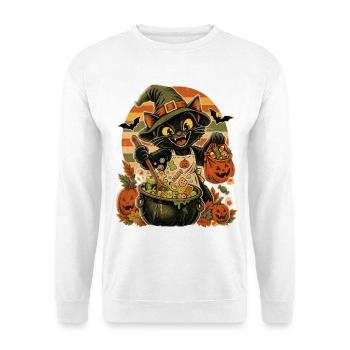 Halloween Hexenkatze Mama mit Süßigkeiten - Unisex Pullover - Weiß - Vorne - Alina (178cm) & Michal (187cm)