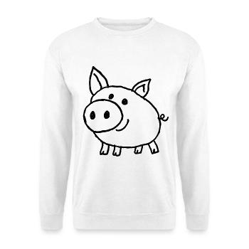 Fröhliches Schwein in naiver Zeichenkunst - Unisex Pullover - Weiß - Vorne - Alina (178cm) & Michal (187cm)