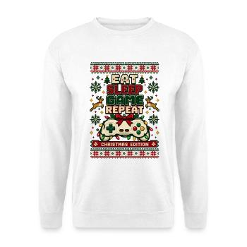 Eat Sleep Game Repeat Christmas - Unisex Pullover - Weiß - Vorne - Alina (178cm) & Michal (187cm)