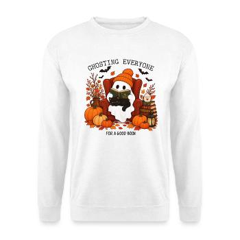 Ghosting everyone Halloween Geist Katze Buch Herbs - Unisex Pullover - Weiß - Vorne - Alina (178cm) & Michal (187cm)