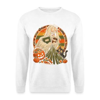Halloween Campus-Geist mit Kaffee-Stress - Unisex Pullover - Weiß - Vorne - Alina (178cm) & Michal (187cm)