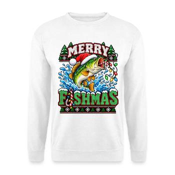 Fischmas Weihnacht: Springender Fisch - Unisex Pullover - Weiß - Vorne - Alina (178cm) & Michal (187cm)