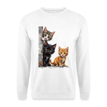 Drei neugierige Kätzchen schauen um die Ecke - Unisex Pullover - Weiß - Vorne - Alina (178cm) & Michal (187cm)