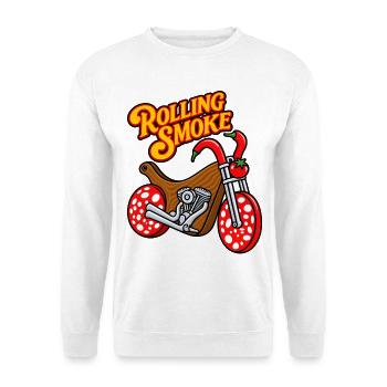 Lustiger BBQ-Fleisch-Motorrad-Chopper - Unisex Pullover - Weiß - Vorne - Alina (178cm) & Michal (187cm)