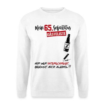 Gästeliste Gästebuch 65 Jahre Alter Geburtstag - Unisex Pullover - Weiß - Vorne - Alina (178cm) & Michal (187cm)