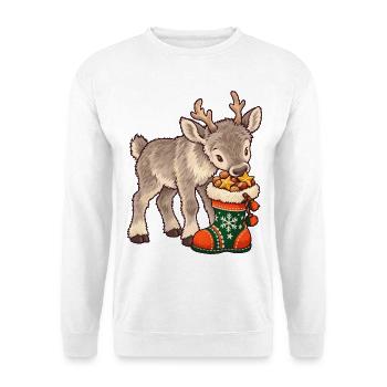 Rentier mit Weihnachtssocke - Unisex Pullover - Weiß - Vorne - Alina (178cm) & Michal (187cm)