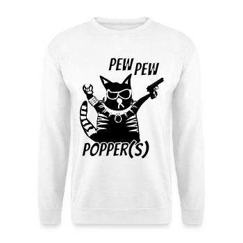 Rockerkatze Pew Pew Metal Festival - Unisex Pullover - Weiß - Vorne - Alina (178cm) & Michal (187cm)