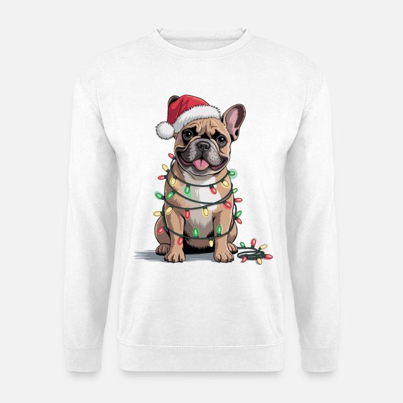 Festliche Bulldogge mit Weihnachtslichtern - Unisex Pullover - Weiß