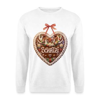 Lebkuchenherz Liebe Schatzi Hirschgeweih - Unisex Pullover - Weiß - Vorne - Alina (178cm) & Michal (187cm)