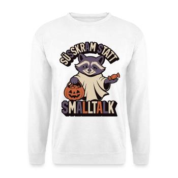 Süßkram statt Smalltalk – Halloween Waschbär - Unisex Pullover - Weiß - Vorne - Alina (178cm) & Michal (187cm)