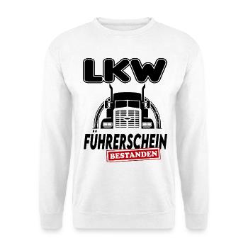 LKW  Führerschein bestanden Sprüche Lastwagen - Unisex Pullover - Weiß - Vorne - Alina (178cm) & Michal (187cm)