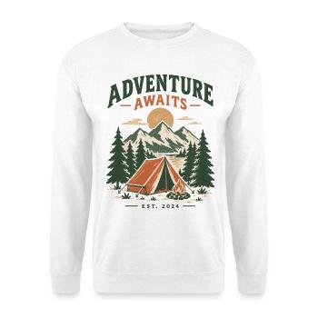Abenteuer wartet am Zeltplatz - Unisex Pullover - Weiß - Vorne - Alina (178cm) & Michal (187cm)