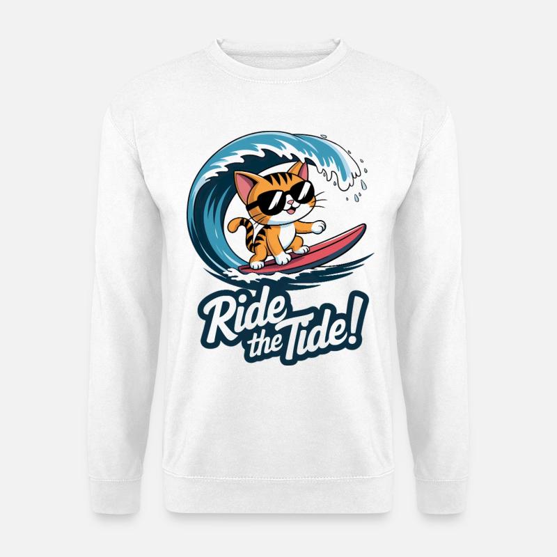 Surfer-Kätzchen – 🏄‍♂️🐱 - Unisex Pullover - Weiß