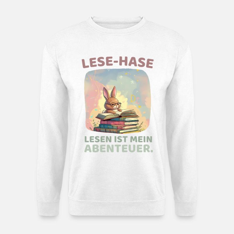 Hase beim Lesen mit Abenteuerstil - Unisex Pullover - Weiß