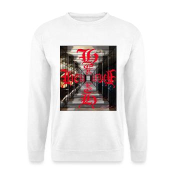 Rote gotische Hieroglyphen im Perspektivtunnel - Unisex Pullover - Weiß - Vorne - Alina (178cm) & Michal (187cm)