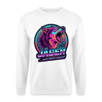  Jäger Wolf – Neon Power - Unisex Pullover - Weiß - Vorne - Alina (178cm) & Michal (187cm)