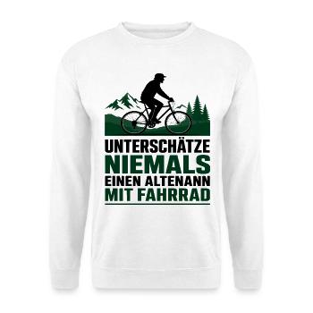 Altenmann auf Mountainbike im Wald - Unisex Pullover - Weiß - Vorne - Alina (178cm) & Michal (187cm)