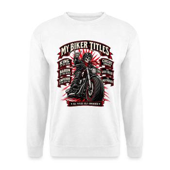 Meine Biker-Titel – Selbstverliehene Legende - Unisex Pullover - Weiß - Vorne - Alina (178cm) & Michal (187cm)
