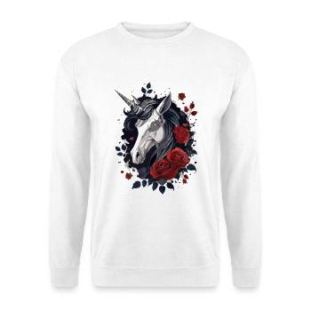 Dark Gothic Einhorn mit Rosen - Unisex Pullover - Weiß - Vorne - Alina (178cm) & Michal (187cm)