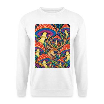 Psychedelische Rentiere und Amanita - Unisex Pullover - Weiß - Vorne - Alina (178cm) & Michal (187cm)