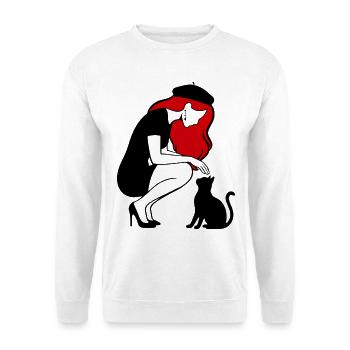 donna_con_capelli_rossi_basco_e_gatto_nero - Unisex Pullover - Weiß - Vorne - Alina (178cm) & Michal (187cm)