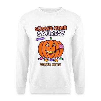 Halloween- Süßes oder Saures Halloween? Beides! - Unisex Pullover - Weiß - Vorne - Alina (178cm) & Michal (187cm)