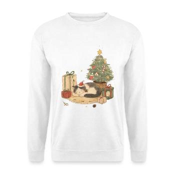 Gemütliche Weihnachtskatze mit Geschenken - Unisex Pullover - Weiß - Vorne - Alina (178cm) & Michal (187cm)