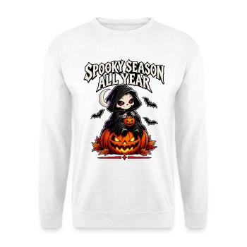 Gruselige Jahreszeit – Reaper auf Pumpkin - Unisex Pullover - Weiß - Vorne - Alina (178cm) & Michal (187cm)