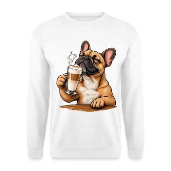 Frenchie mit Latte Macchiato - Unisex Pullover - Weiß - Vorne - Alina (178cm) & Michal (187cm)