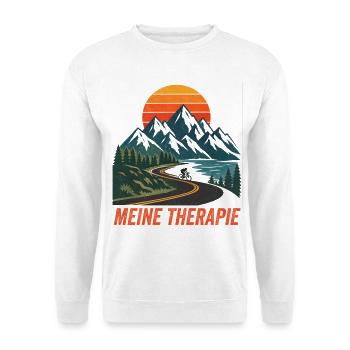 Meine Therapie: Fahrrad fahren in den Bergen Motiv - Unisex Pullover - Weiß - Vorne - Alina (178cm) & Michal (187cm)