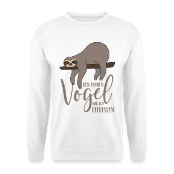 Den frühen Vogel hab ich gefressen - Faultier - Unisex Pullover - Weiß - Vorne - Alina (178cm) & Michal (187cm)