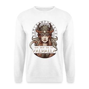 We see us in Valhalla Wikingerin Walküre  - Unisex Pullover - Weiß - Vorne - Alina (178cm) & Michal (187cm)