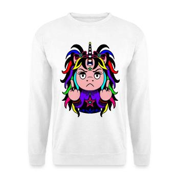 Rainbow Riot: Knalliges EinZORN mit Mittelfinger.  - Unisex Pullover - Weiß - Vorne - Alina (178cm) & Michal (187cm)