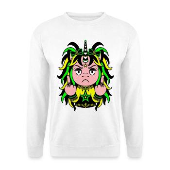 Toxic Waste: Gelbgrünes EinZORN mit Mittelfinger - Unisex Pullover - Weiß - Vorne - Alina (178cm) & Michal (187cm)