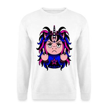 Indi-Go-F-U: Blau-Pinkes EinZORN mit Mittelfinger - Unisex Pullover - Weiß - Vorne - Alina (178cm) & Michal (187cm)