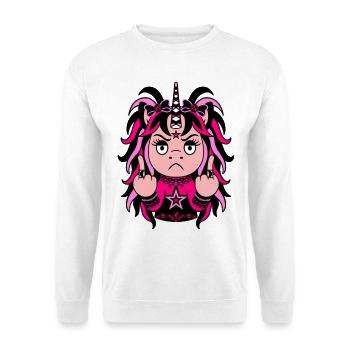 Pink Void: Schwarz-pinkes EinZORN mit Mittelfinger - Unisex Pullover - Weiß - Vorne - Alina (178cm) & Michal (187cm)