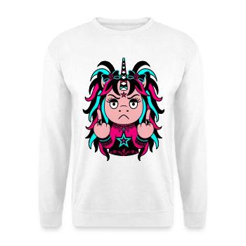Mane-iac: Pink-Blaues EinZORN mit Mittelfinger - Unisex Pullover - Weiß - Vorne - Alina (178cm) & Michal (187cm)