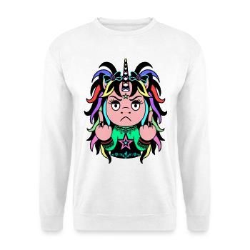 Colour-Chaos: Buntes EinZORN mit Mittelfinger - Unisex Pullover - Weiß - Vorne - Alina (178cm) & Michal (187cm)