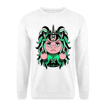 Filly Eilish: Grünes EinZORN mit Mittelfinger - Unisex Pullover - Weiß - Vorne - Alina (178cm) & Michal (187cm)